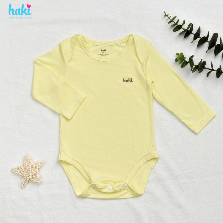 Body chip dài tay vai chồm vải sợi tre cao cấp HAKI (2,5-12kg); bodysuit cho bé trai bé gái; body cho bé sơ sinh chất liệu Bamboo siêu mềm mịn BB044