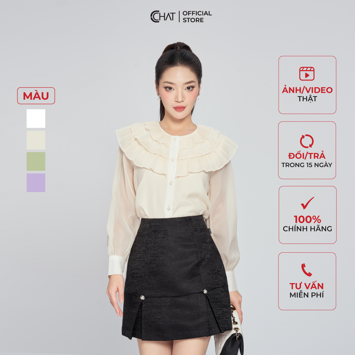 Áo Sơ Mi Nữ  Kiểu Bèo Cổ 3 Tầng Dáng Suông Chất Voan Cao Cấp 13FDV8011ST