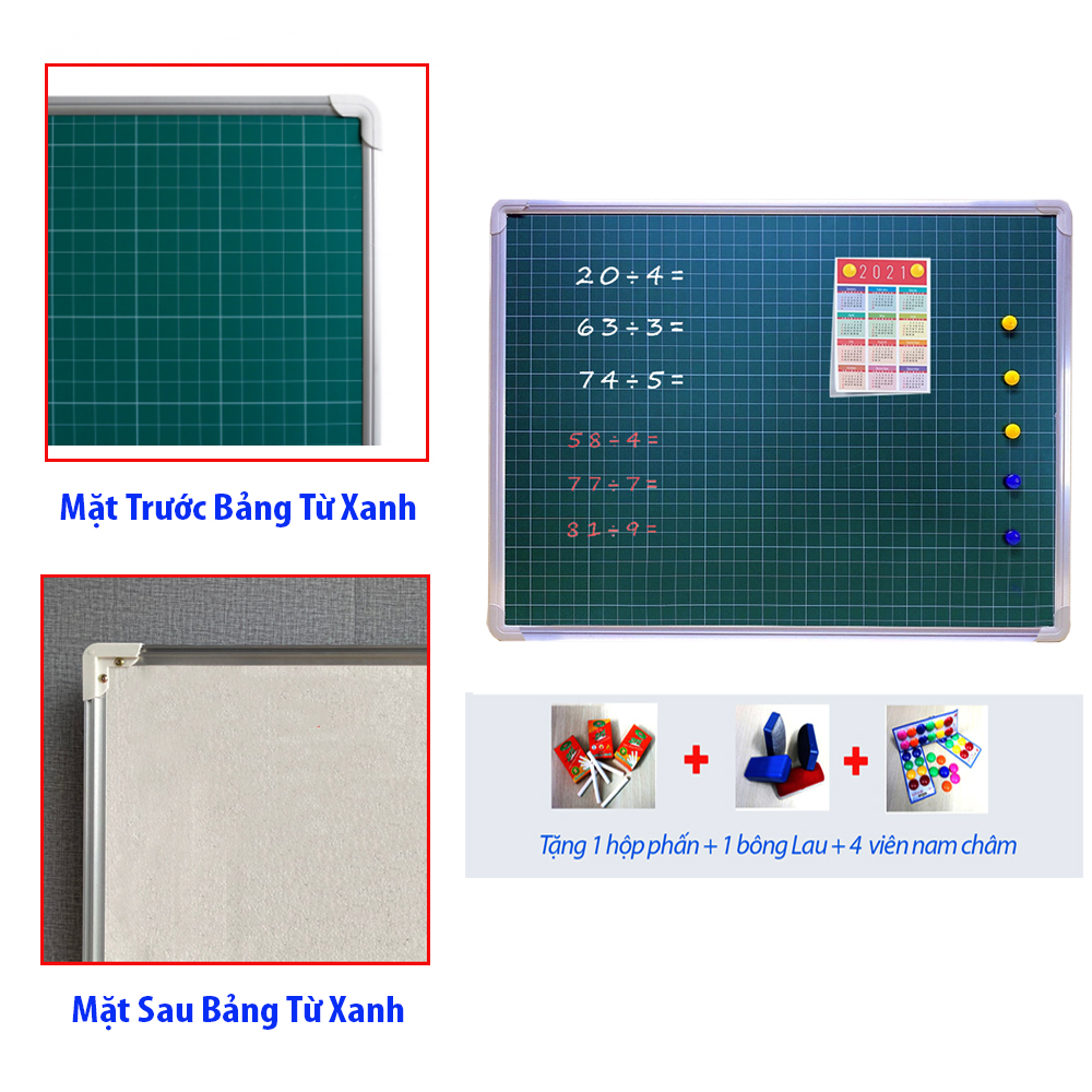 Bảng Từ Xanh (Ô ly) Hàn Quốc Kích Thước: 80x120 cm (Tặng 1 Hộp Phấn, Khăn Lau, 4 Viên Nam Châm) Mặt Bảng Viết Đẹp, Ít Bụi. Sử Dụng Trong Trường Học, Trung Tâm