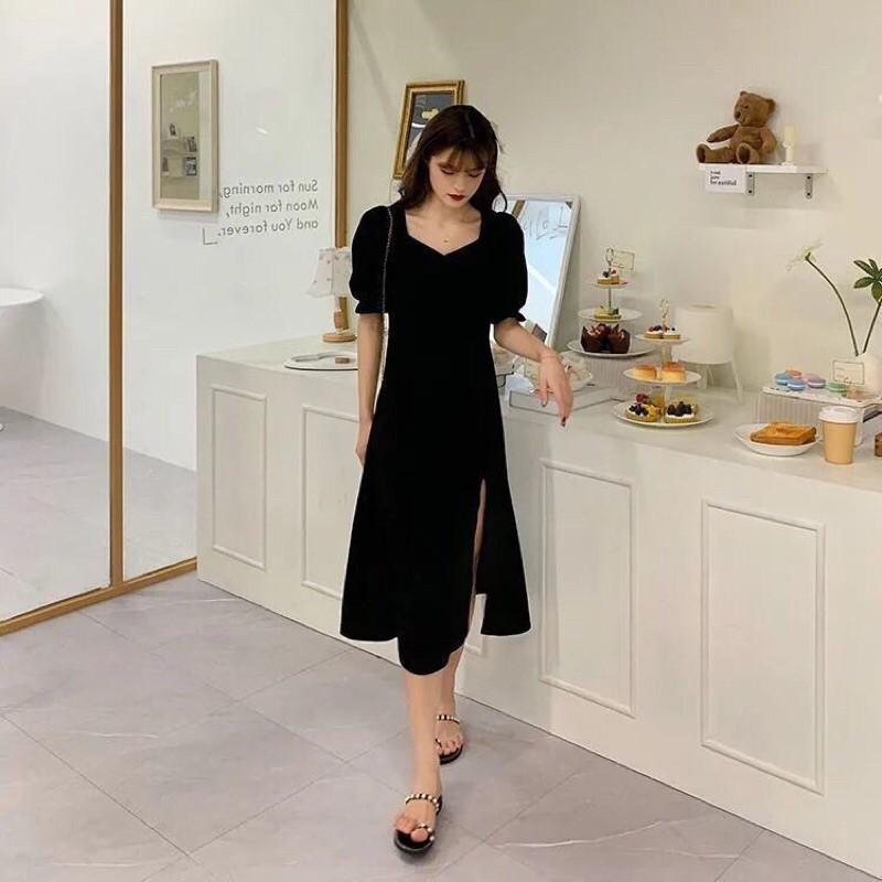 Đầm hoa nhún ngực tay phồng xẻ tà có 2 màu hot girl có ảnh thật