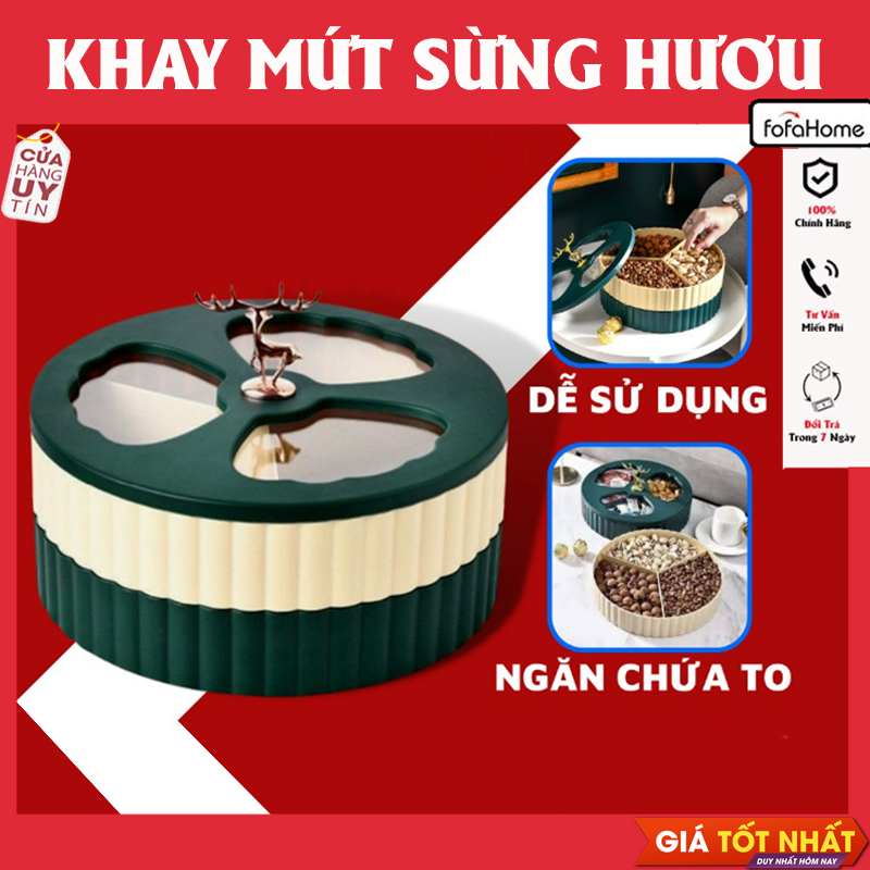 Khay Đựng Bánh Kẹo Tết Phong Cách Châu Âu 2 Tầng Khay Mứt Tết Tròn Hình Hươu Vàng