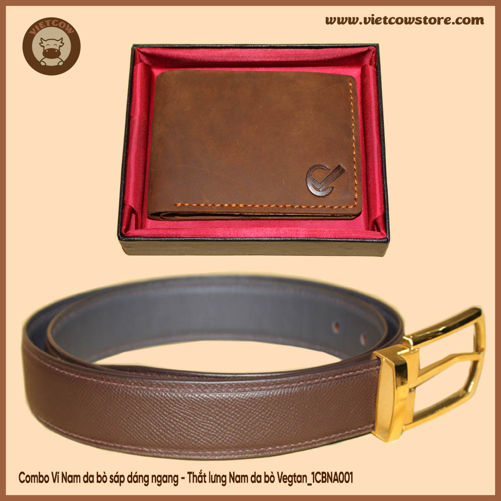 Combo Thời Trang - Ví Nam Da Bò Sáp Dáng Ngang Và Thắt Lưng Nam Da Bò Vegtan_VietCow_1CBNA001