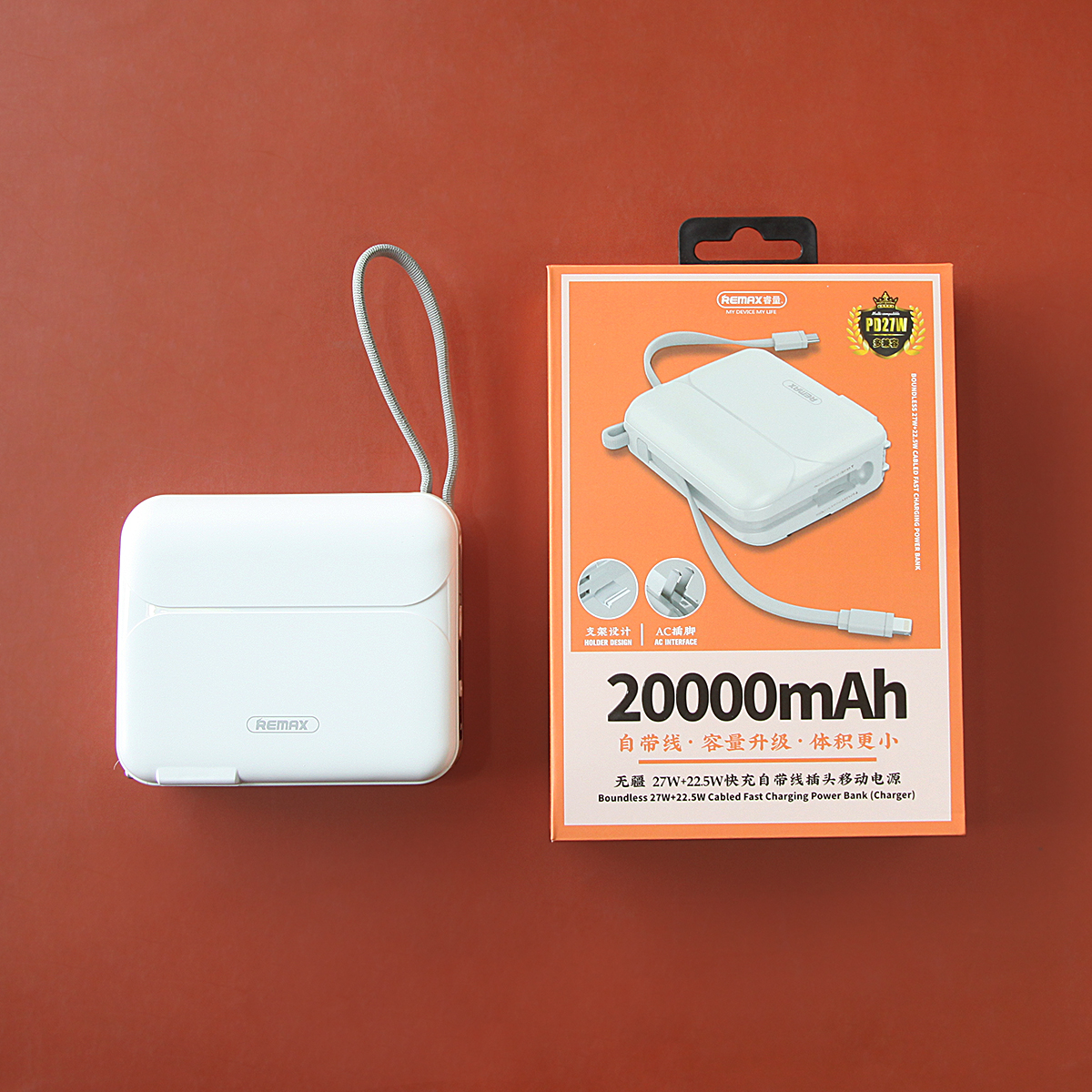 Sạc dự phòng 20000mAh kiêm củ sạc Remax RPP 553 thiết kế kèm dây sạc nhanh 27w cho 14 Serie - Hàng Chính Hãng Remax