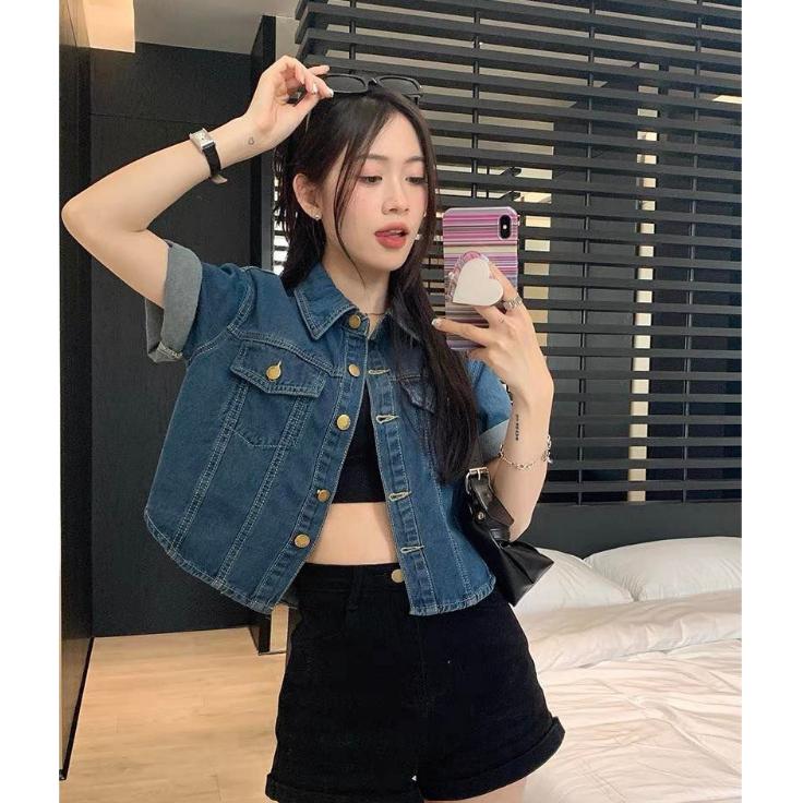 Sơ mi denim mềm croptop basic thời trang NIEVE