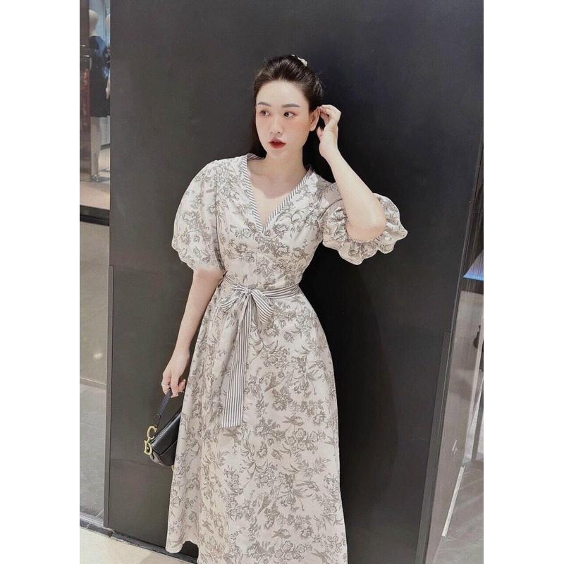 ĐẦM MAXXI TAY PHỒNG CỘT NƠ CỔ CHỮ V EO HỌA TIẾT SANG TRỌNG THANH LỊCH
