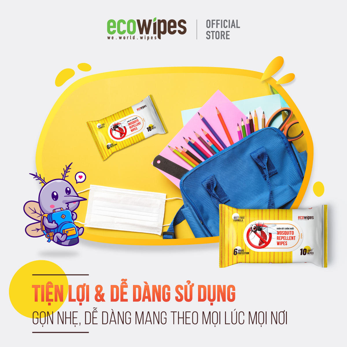 Combo 3 Khăn ướt đuổi muỗi EcoWipes gói 10 tờ 15x20 an toàn cho bé từ 6 tháng tuổi bảo vệ lên đến 8 giờ