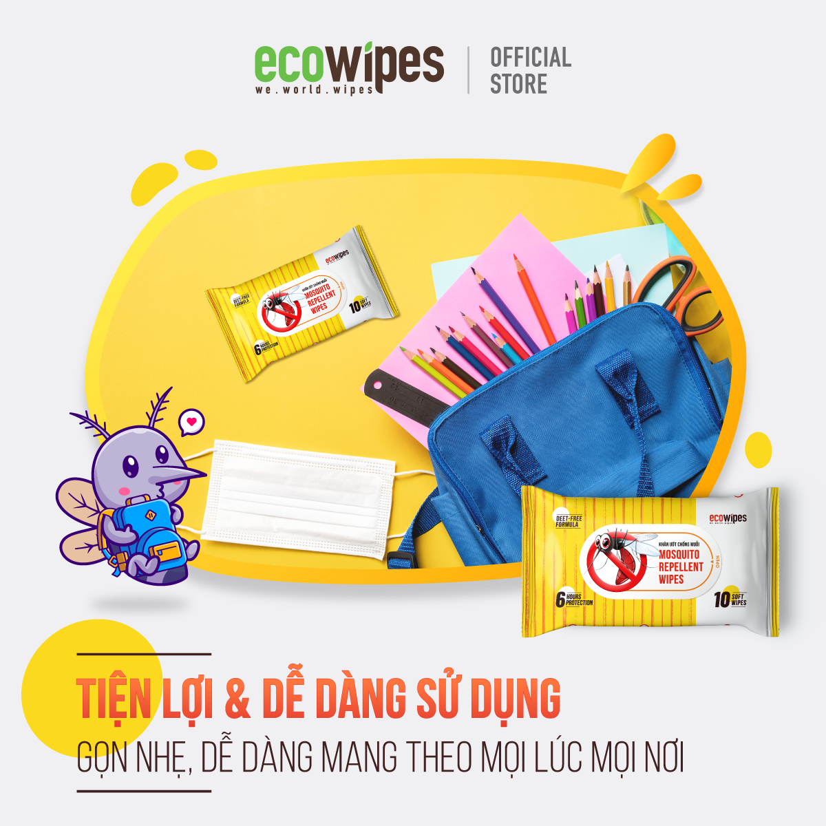 Khăn ướt chống muỗi Ecowipes gói 10 tờ Mosquito Repellent Wipes giúp làm sạch vết mẩn ngứa vừa chống muỗi đốt lên đến 6h an toàn cho làn da nhạy cảm của trẻ