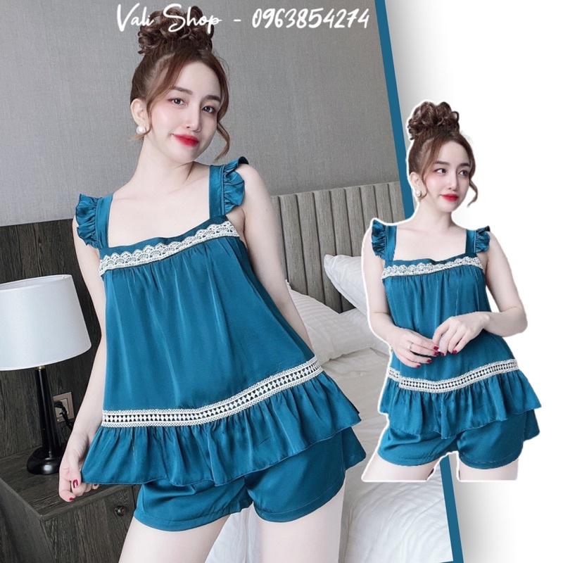Đồ ngủ lụa latin cao cấp 2 dây cột nơ màu trơn quần phối ren freesize 40-57kg