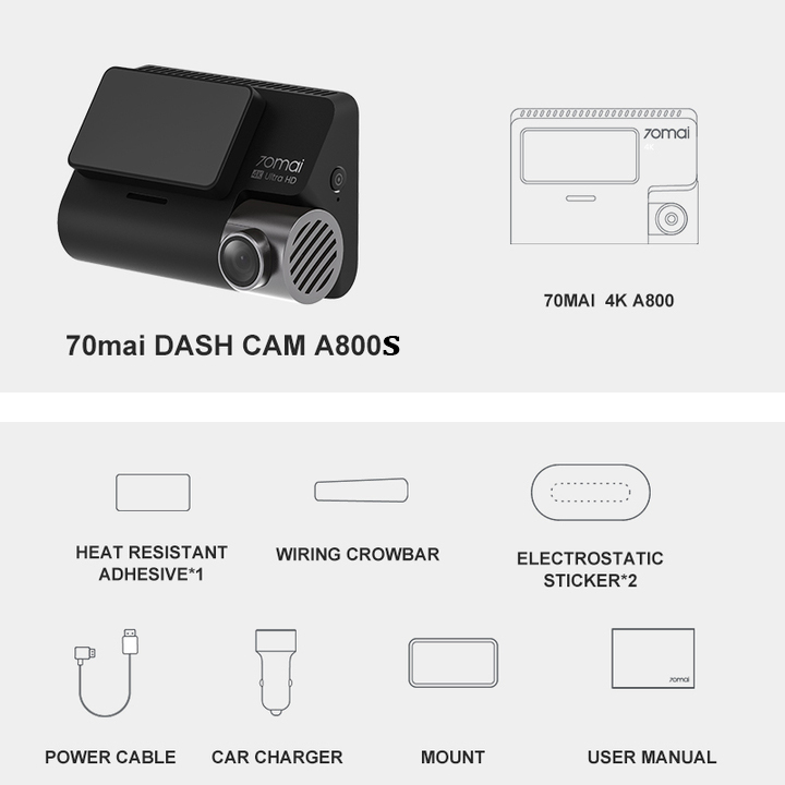 Bộ Camera hành trình trước và sau ô tô Xiaomi 70mai. Bản Quốc Tế cao cấp A800S, 4K, Wifi - Màn hình: LCD 3.0 inch - Độ phân giải camera trước: 3840 x 2160P - Hàng Nhập Khẩu