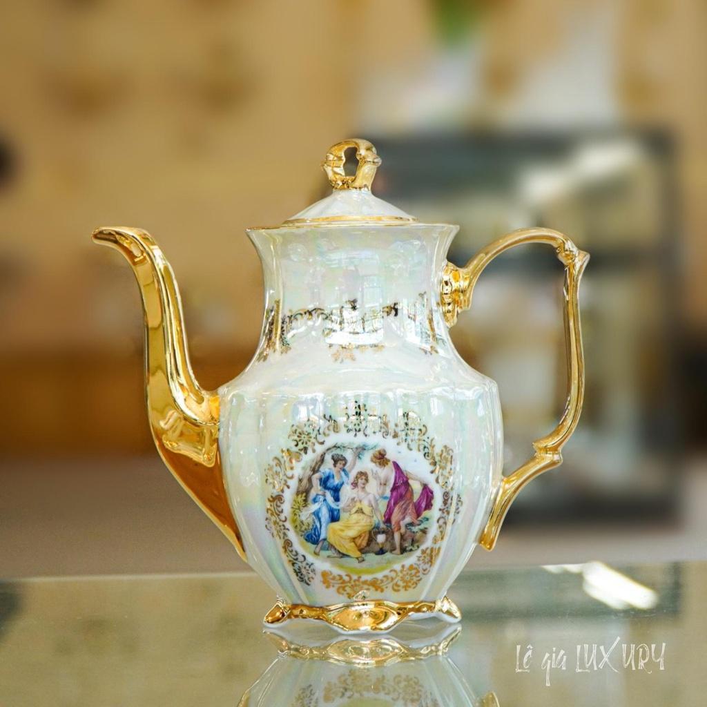 Bộ ấm chén uống trà sứ Tiệp cao cấp mạ vàng cao cấp phong cách TÂN CỔ ĐIỂN Sang trọng, Gốm Sứ Tiệp Khắc, Ấm chén cao cấp mạ vàng 24K ACTN1