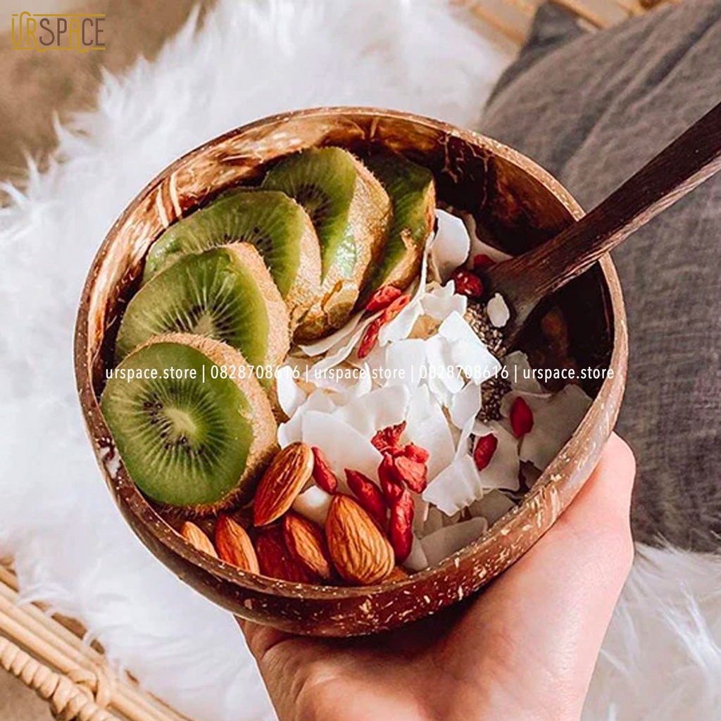 Chén dừa muỗng gỗ dừa dùng để ăn ngũ cốc granola salad sữa chua hoa quả