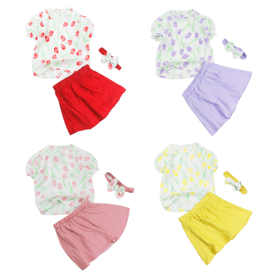 Set linen áo hoa tulip kèm băng đô và chân váy xoè cho bé gái 0.5-6 tuổi từ 8 đến 22 kg 06368-06371