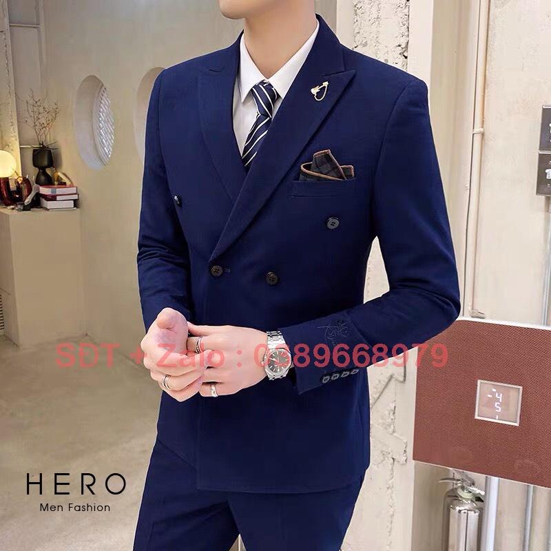 Bộ Vest Nam Hàn Quốc 6 Cúc Màu Xanh, Chất vải sịn, Fom Dáng Đẹp, Bộ Suit Nam 6 Cúc