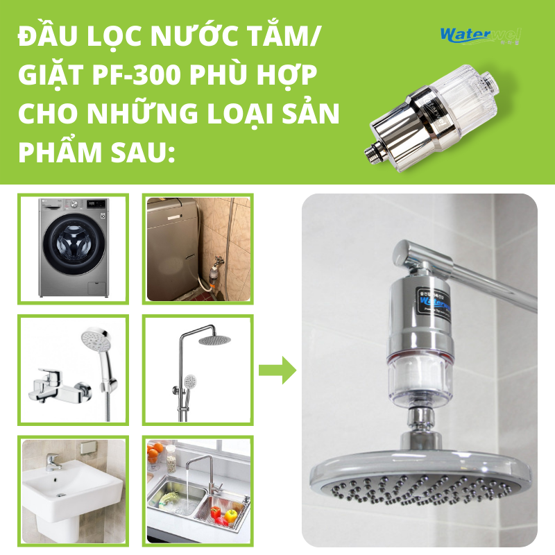 Đầu lọc nước đa năng Waterwel PF-300 Hàn Quốc dùng cho lọc nước tắm, nước giặt, vòi nước với lõi lọc than hoạt tính loại bỏ tối đa rỉ sét, tạp chất, kim loại nặng - Hàng nhập khẩu