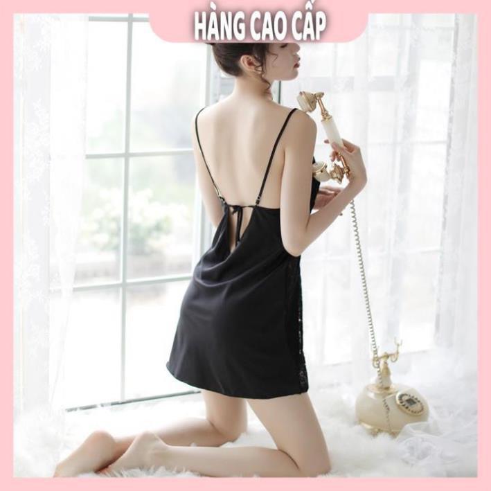 Váy ngủ lụa hai dây phối ren hông gợi cảm *