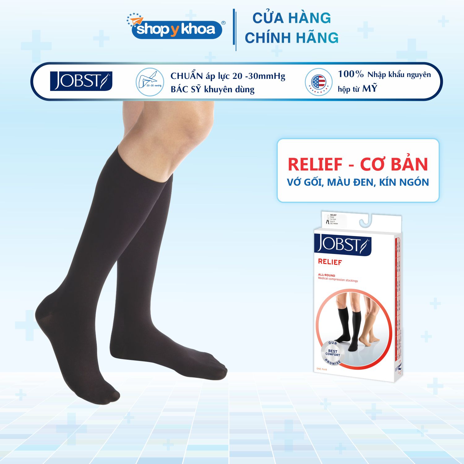 Vớ y khoa gối JOBST Relief – Cơ bản, màu đen, kín ngón, 20-30mmHg, giãn tĩnh mạch chân tất y khoa – M – Đen – Kín ngón