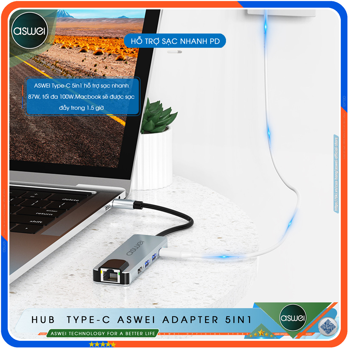Hub Type C ASWEI 5 in 1 To HDMI, USB 3.0, Lan RJ45, PD 100W - Cổng Chia USB, Ổ Chia USB Tốc Độ Cao - Hub Chuyển Đổi USB Type C 5 Cổng - Hàng Chính Hãng