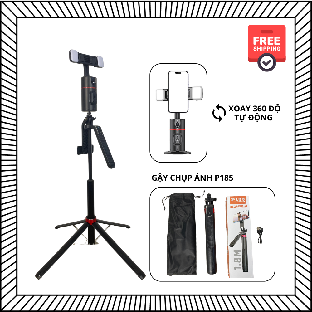 Combo Gậy P185 và Gimbal P02 xoay 360 độ hỗ trợ quay video chụp ảnh, có đèn và remote từ xa - Hàng chính hãng