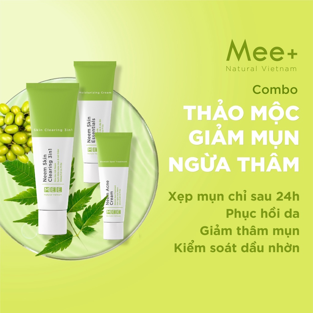 Trọn bộ thảo mộc ngừa mụn, thâm Mee Natural (Chấm mụn 20ml, SRM 100ml ,Kem 50ml)