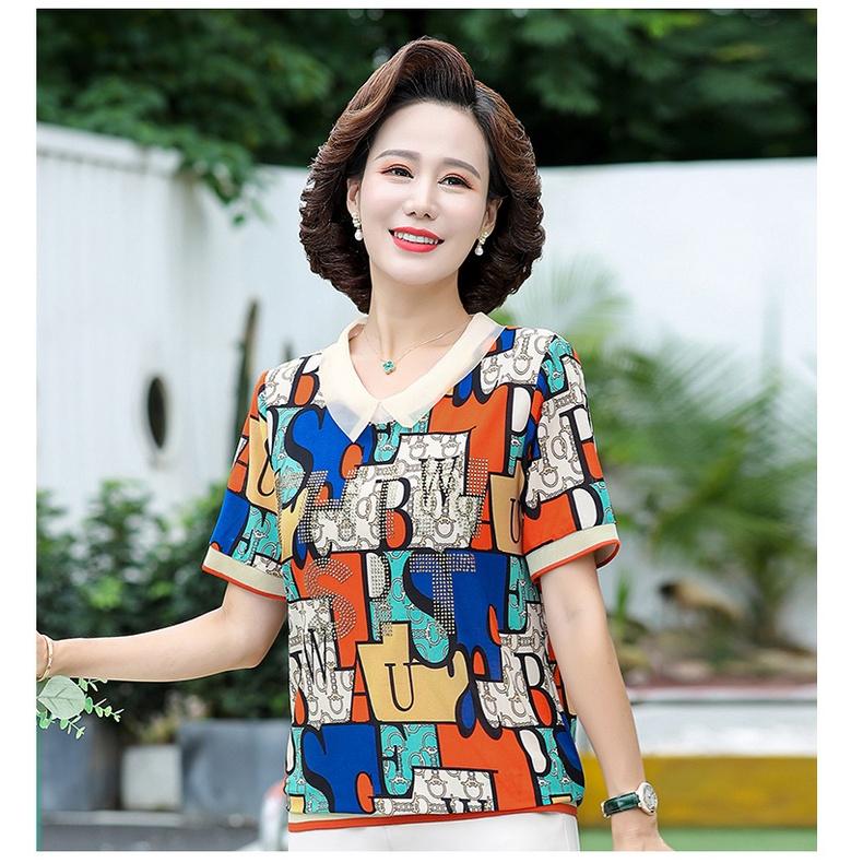 Áo kiểu nữ trung niên giãn 4 chiều cực sang, thun đính đá tay ngắn (45-80g)