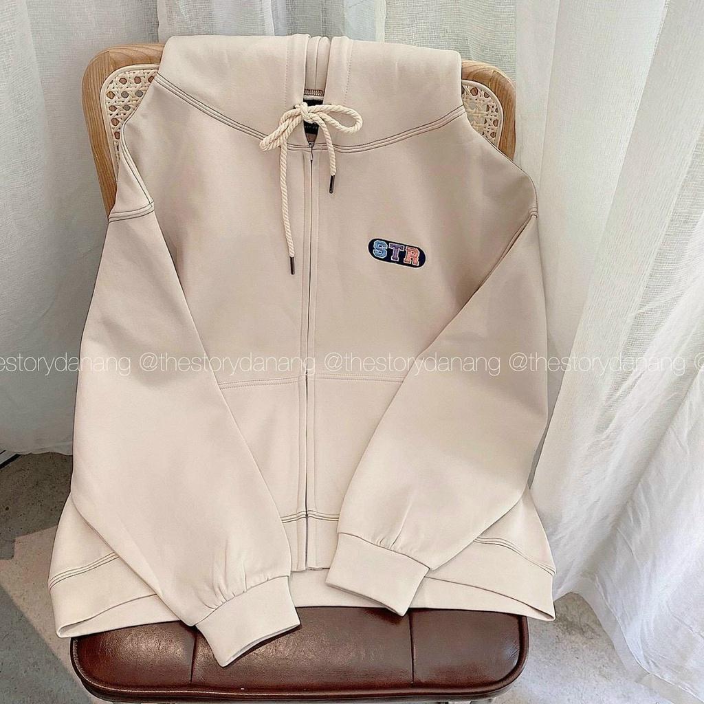 Áo khoác nỉ nam nữ STR hoodie full zip đen trắng kem form rộng bo gấu tay phồng hàn quốc -áo khoác ulzzang