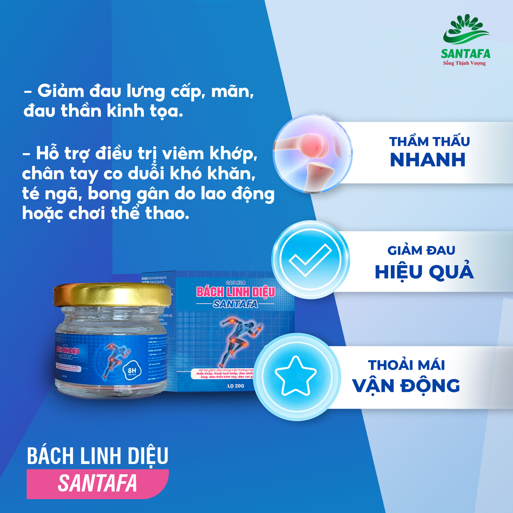 Cao Xoa Bóp Bách Linh Diệu Santafa Hiệu Quả 8H Hỗ Trợ Giảm Đau Viêm Khớp, Thoái Hoá Khớp, Đau Nhức Chân Tay, Đau Vai Gáy, Cột Sống