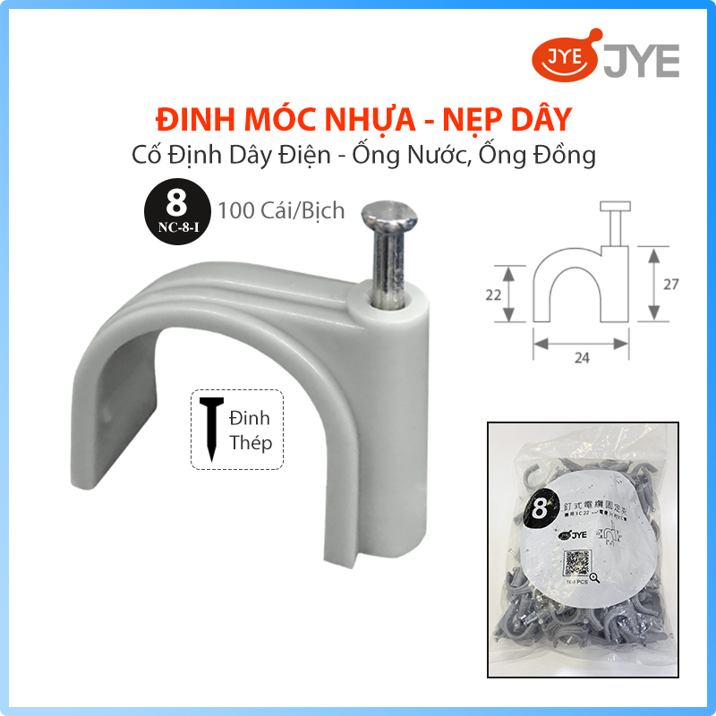 Đinh Móc Nhựa JYE (NC-8-I) 100 Cái/Bịch, Nẹp Đinh Ghim Cố Định Dây Điện, Đinh Móc Ống Đồng Điều Hòa - Ống Nước, Đinh Bằng Thép Chắc Chắn, Nhiều Size Lựa Chọn