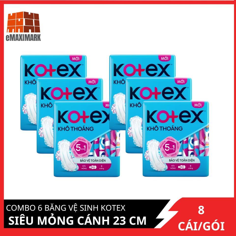 Combo 6 Băng vệ sinh Kotex Khô thoáng siêu mỏng cánh 23cm 8 miếng