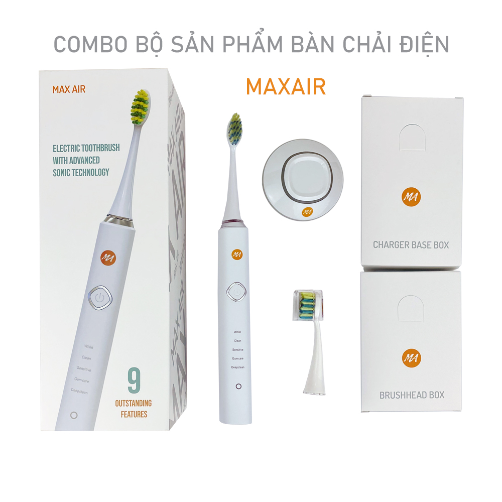 Bàn chải đánh răng điện MaxAir model MA004 công nghệ sóng âm Sonic, 5 chế độ rung, tặng kèm 2 đầu bàn chải, hàng chính hãng