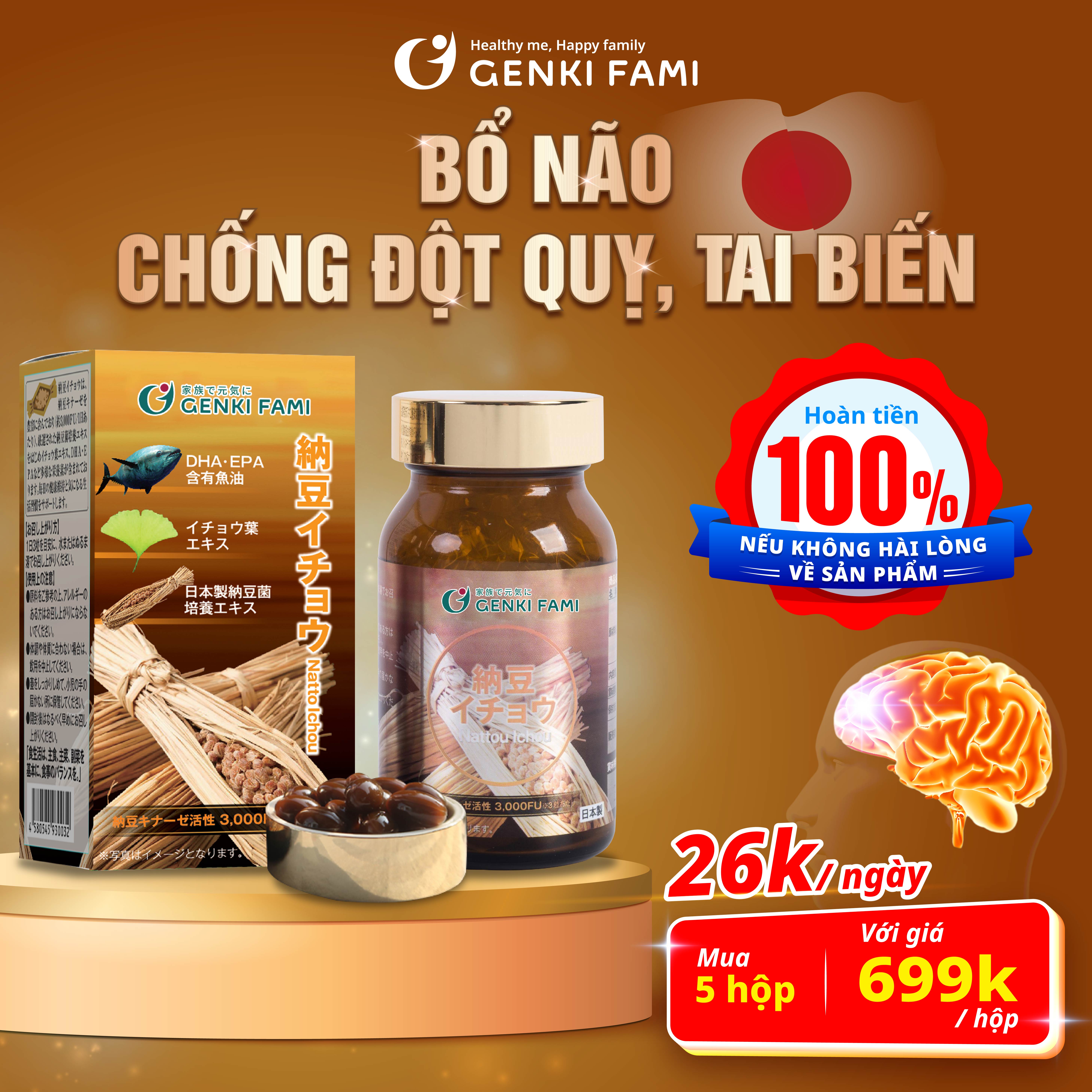 Viên Uống Phòng Ngừa Đột Quỵ, Bổ Não Nattokinase 3000FU Natto Ichou Genki Fami Nhật Bản