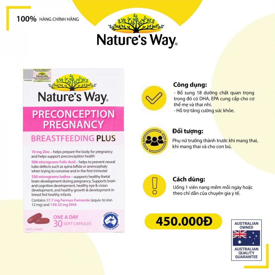 Nature's Way PreConception Pregnancy Breastfeeding Plus - Bổ sung vitamin tổng hợp cho bà bầu (Hộp 3 vỉ x 10 viên)