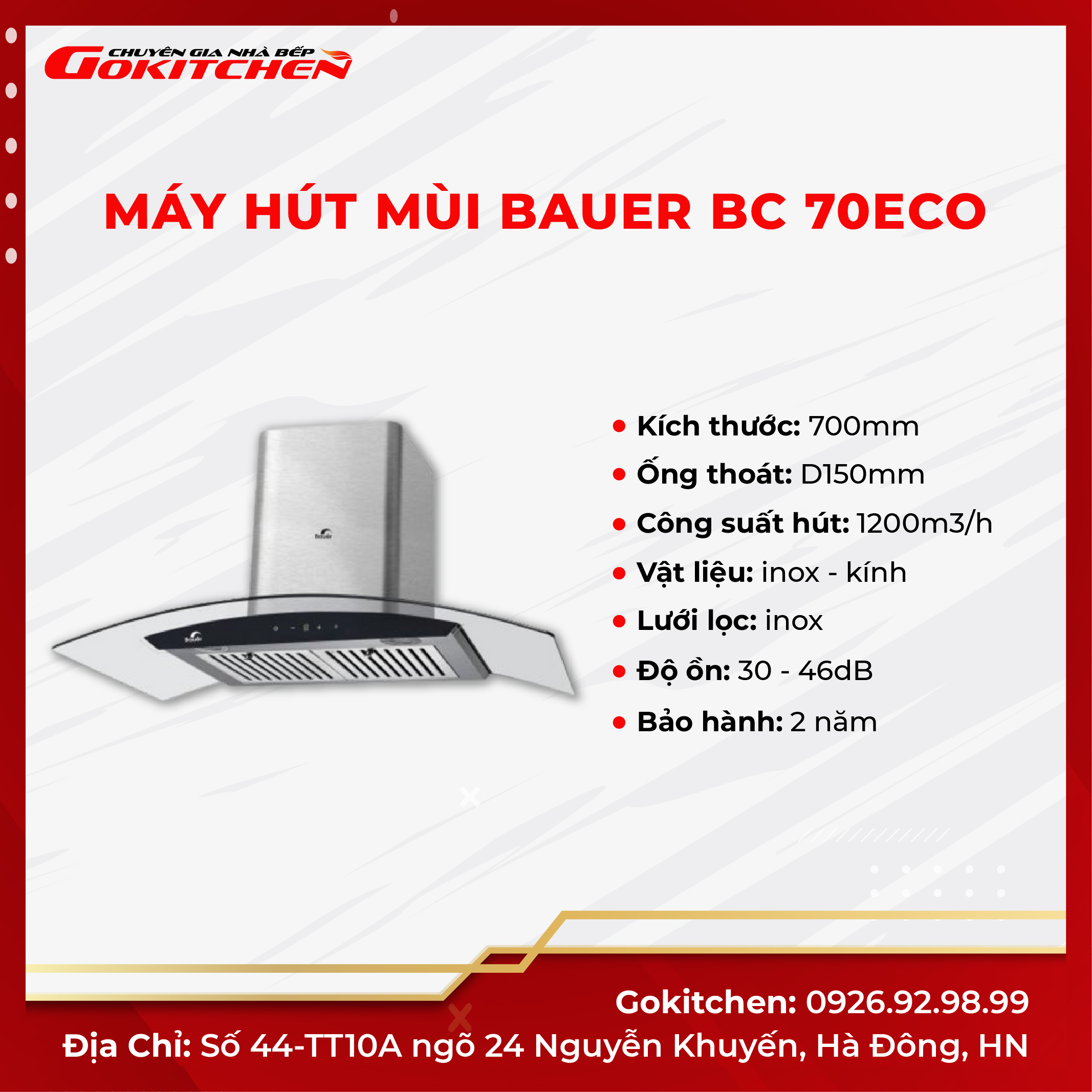 Máy hút mùi nhà bếp công nghệ hiện đại BAUER BC 70ECO - Hàng chính hãng