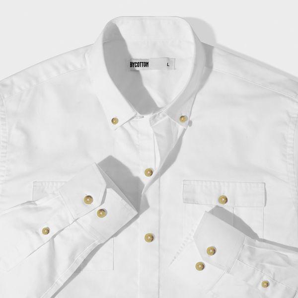 Áo Sơ Mi Nam Dài Tay Trắng Nút Nâu Hai Túi BY COTTON Pocket White Brown Button Shirt