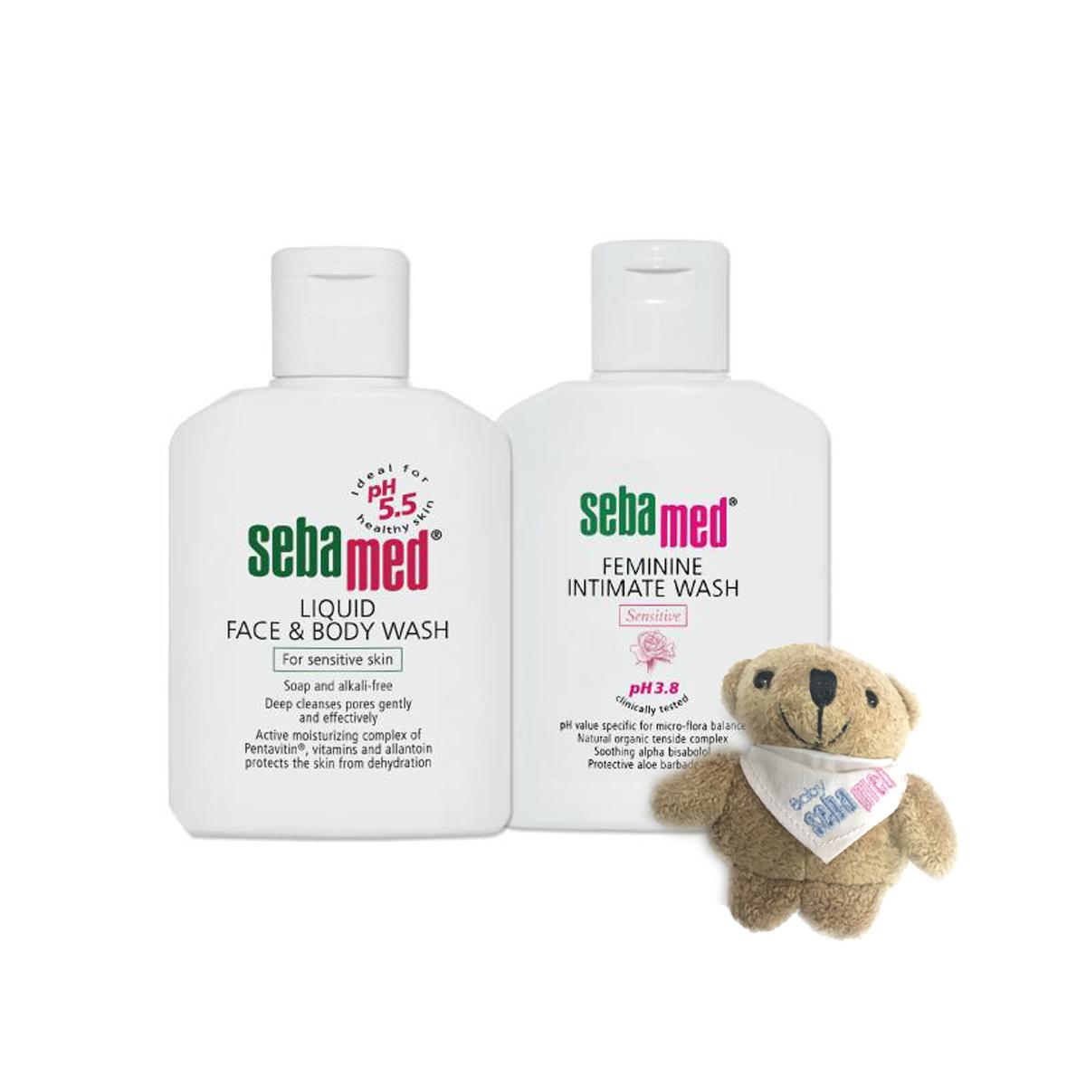 Combo sữa rửa mặt và tắm toàn thân cho da nhạy cảm Sebamed (50ml) và dung dịch vệ sinh phụ nữ Sebamed (50ml) tặng kèm gấu bông xinh xắn - SSS001