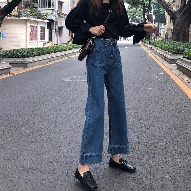 Quần jeans xuông túi đắp phía trước- unisex nam nữ mặc được