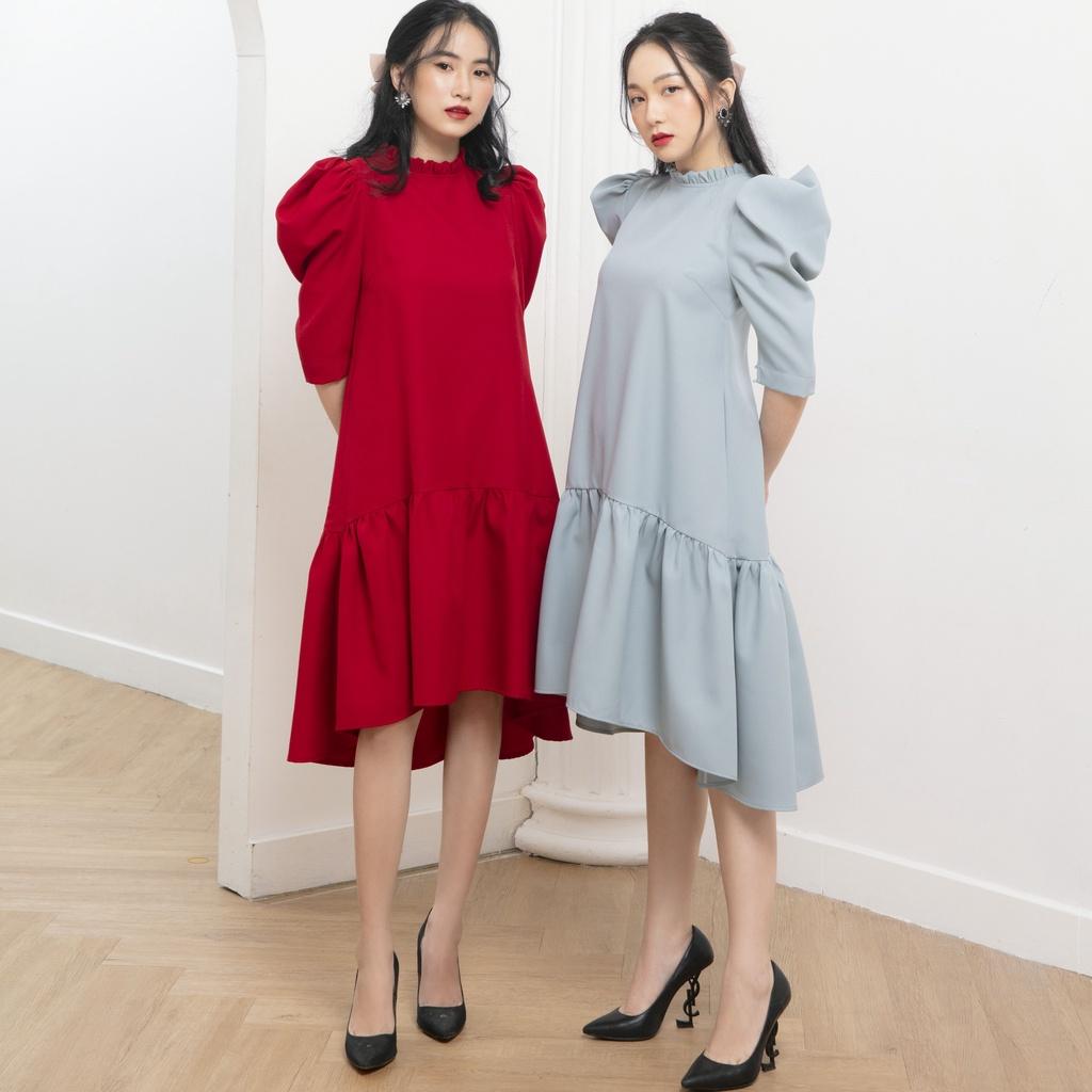 KIOBI – Đầm Altaria form suông, cổ tròn nhún bèo, tay lửng xếp phồng cổ điển, tùng lai bèo,vải cotton bố lam - KID20032L