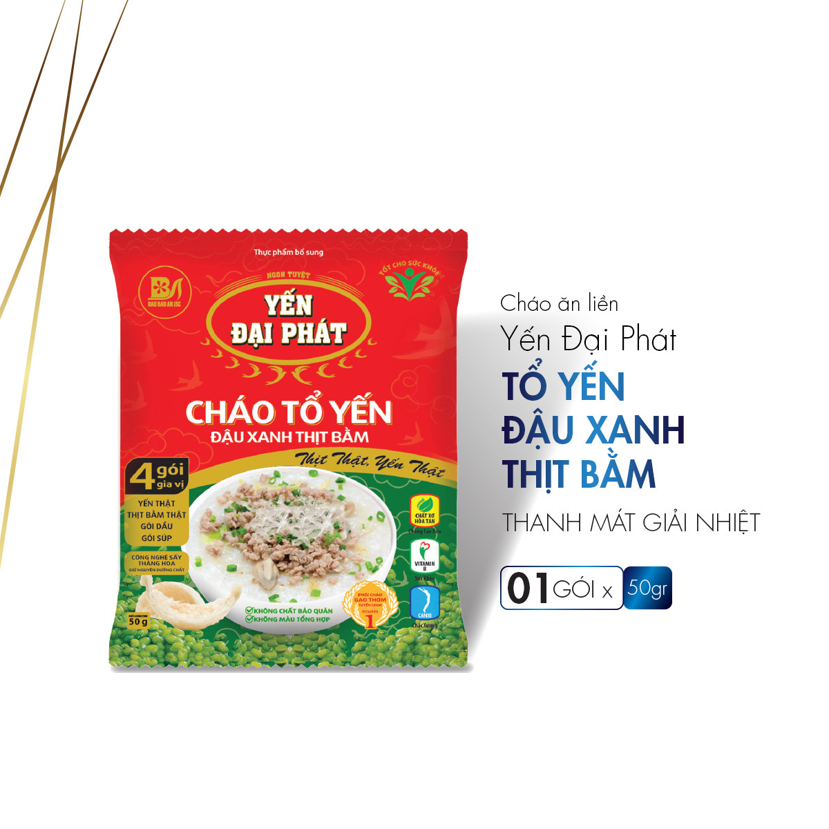 [Thùng 10 gói x 50gram] Thùng Cháo Tổ Yến Đậu Xanh Thịt Bằm - Yến Đại Phát 4 gói gia vị, ăn liền, tiện lợi, thơm ngon