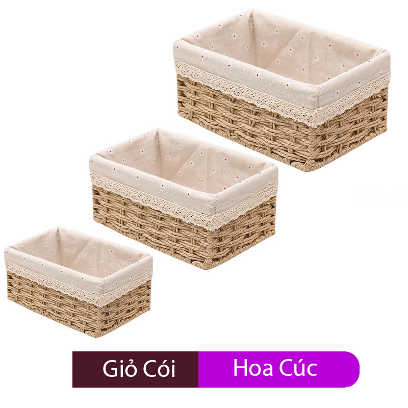 Giỏ Cói, Rổ Cói Vintage Có Vải Lót Hình Chữ Nhật  - Phù Hợp Để Phòng Khách, Đựng Đồ Trang Tri Bàn Làm Việc Gọn Gàng Xinh Xắn