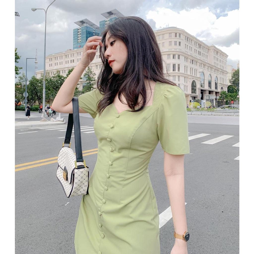 Váy Khuy Cúc Bọc Hở Lưng, Ôm Eo, Tôn Dáng, Màu Dịu Dàng