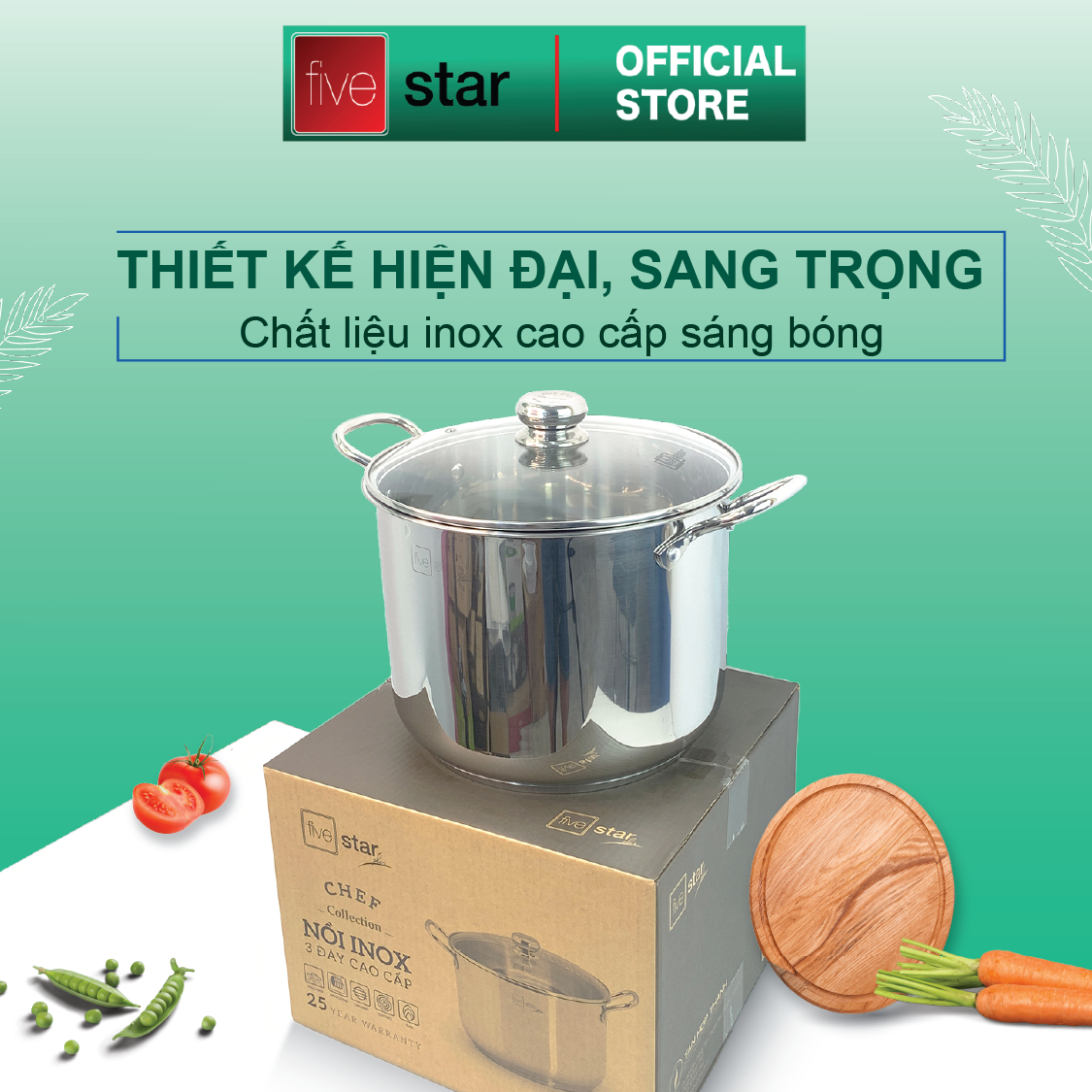 Nồi luộc gà inox 304 cao cấp Fivestar Plus 28cm nắp kính , 3 đáy dùng được bếp gas , hồng ngoại