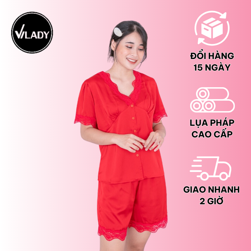 Đồ bộ pijama lụa, đồ mặc nhà nữ VILADY - B126 kiệu quần đủi tay cộc họa tiết trơn phối ren sexy quyến rũ, chất liệu lụa Pháp ( lụa latin) cao cấp - Màu đỏ