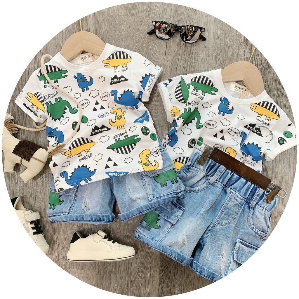 Set áo thun khủng long mix quần jean xanh cho bé trai SETN564