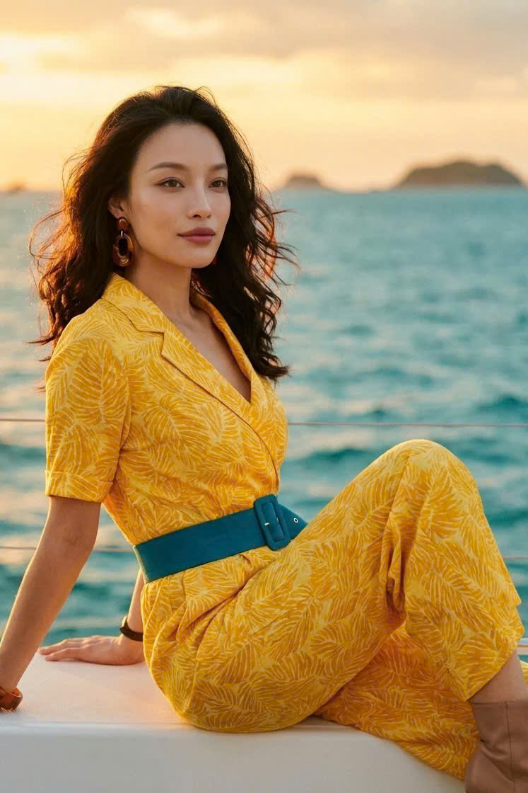 Đồ Bay Jumpsuits Linen Vàng Họa Tiết Lá Kim Diệp DRE239 thời trang thiết kế Hity