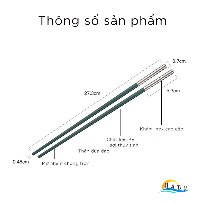 Đũa Ăn Cơm Cao Cấp Kiểu Nhật Bản Kháng Khuẩn Chịu Nhiệt Sợi Thủy Tinh Khảm Inox Màu Xanh Bắc Âu HADU