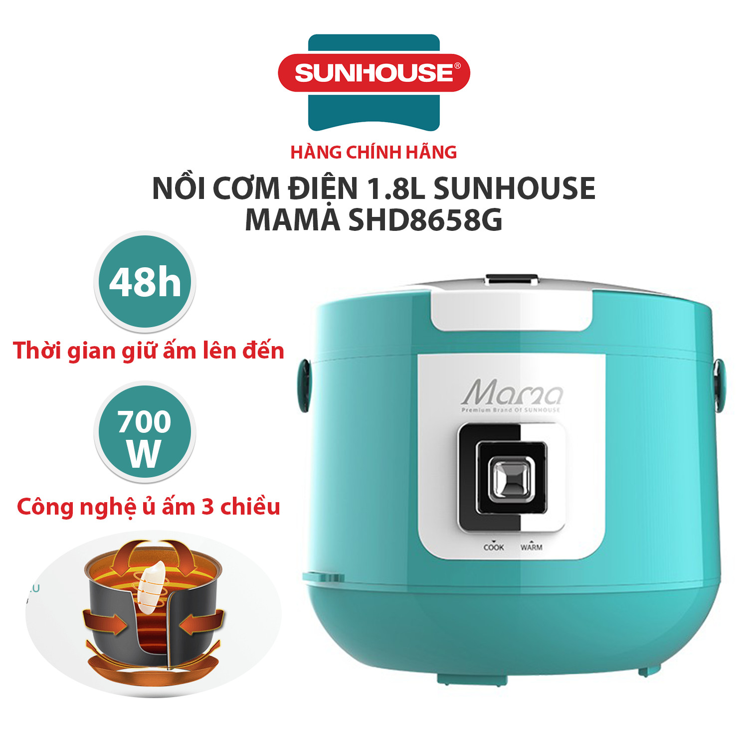 Nồi Cơm Điện 1.8L Sunhouse Mama SHD8658G - Hàng Chính Hãng