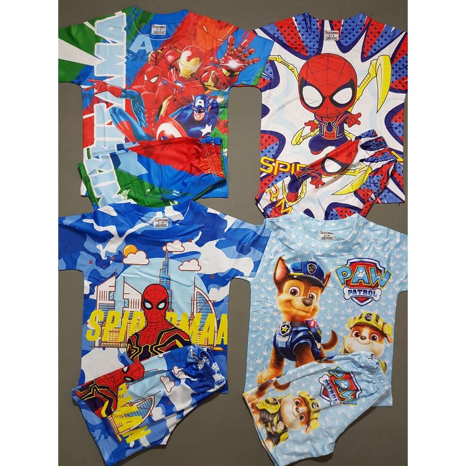 Bộ thun cotton lạnh mềm mát loại 1 họa tiết paw patrol spiderman siêu nhân bé trai