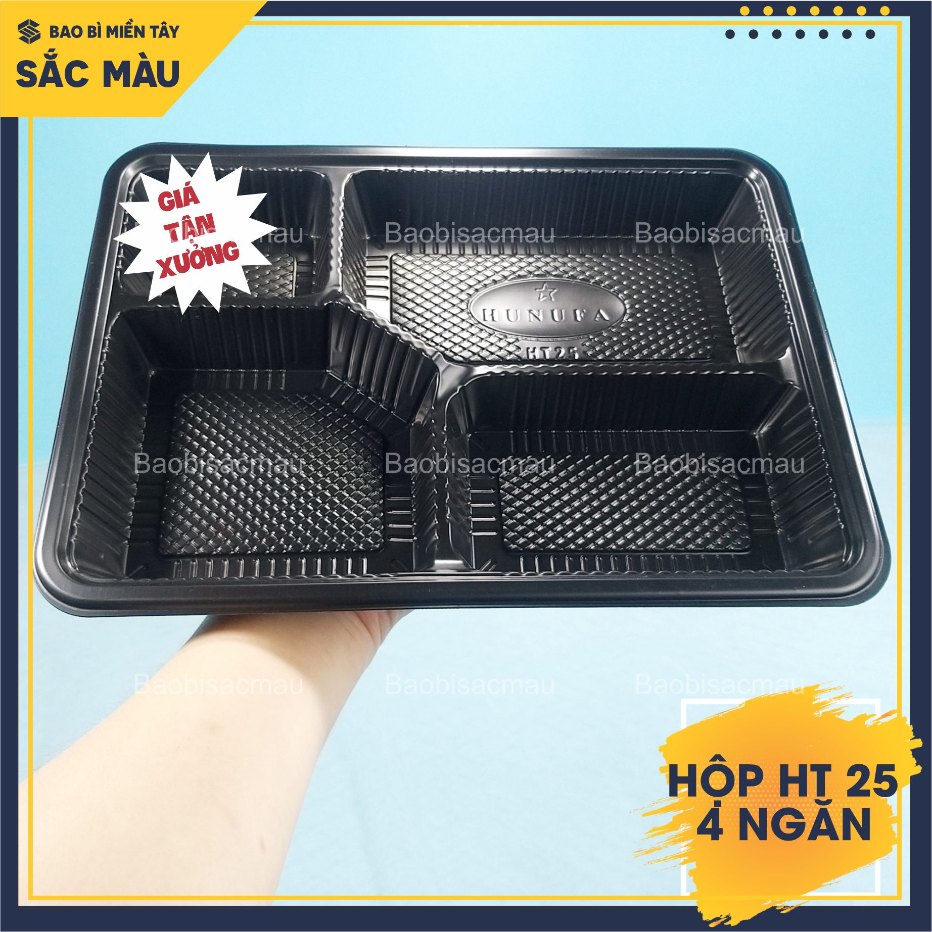Sét 20 Hộp nhựa đế đen, nắp trong HT25 4 ngăn đựng cơm, đựng thức ăn, thực phẩm...
