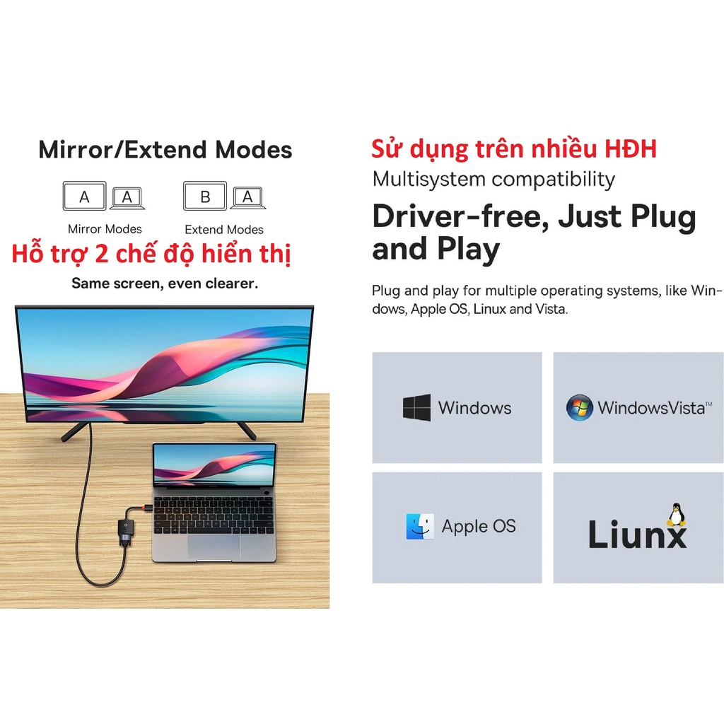 Đầu chuyển HDMI ra VGA 1080P Baseus Lite Series BS-OH010 -Hàng chính hãng