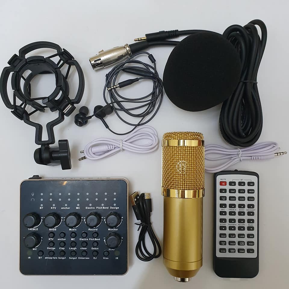 combo Bộ Míc Thu Âm Livestream Hát Karaoke Online Micro BM-900+ CARD V10 Bluetooth Tặng Tai nhét tai