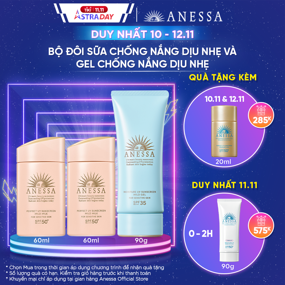 Bộ sản phẩm Kem chống nắng dưỡng da dịu nhẹ cho da nhạy cảm và trẻ em (Anessa Mild Milk 60ml x2 + Mild Gel 90g)